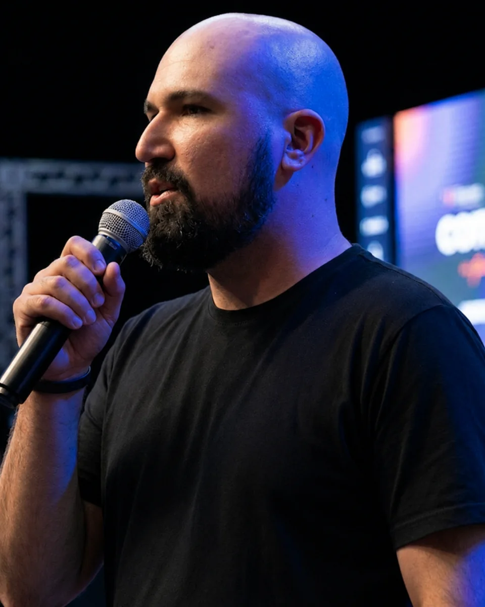 Alcides Silva apresentando em um evento com um microfone